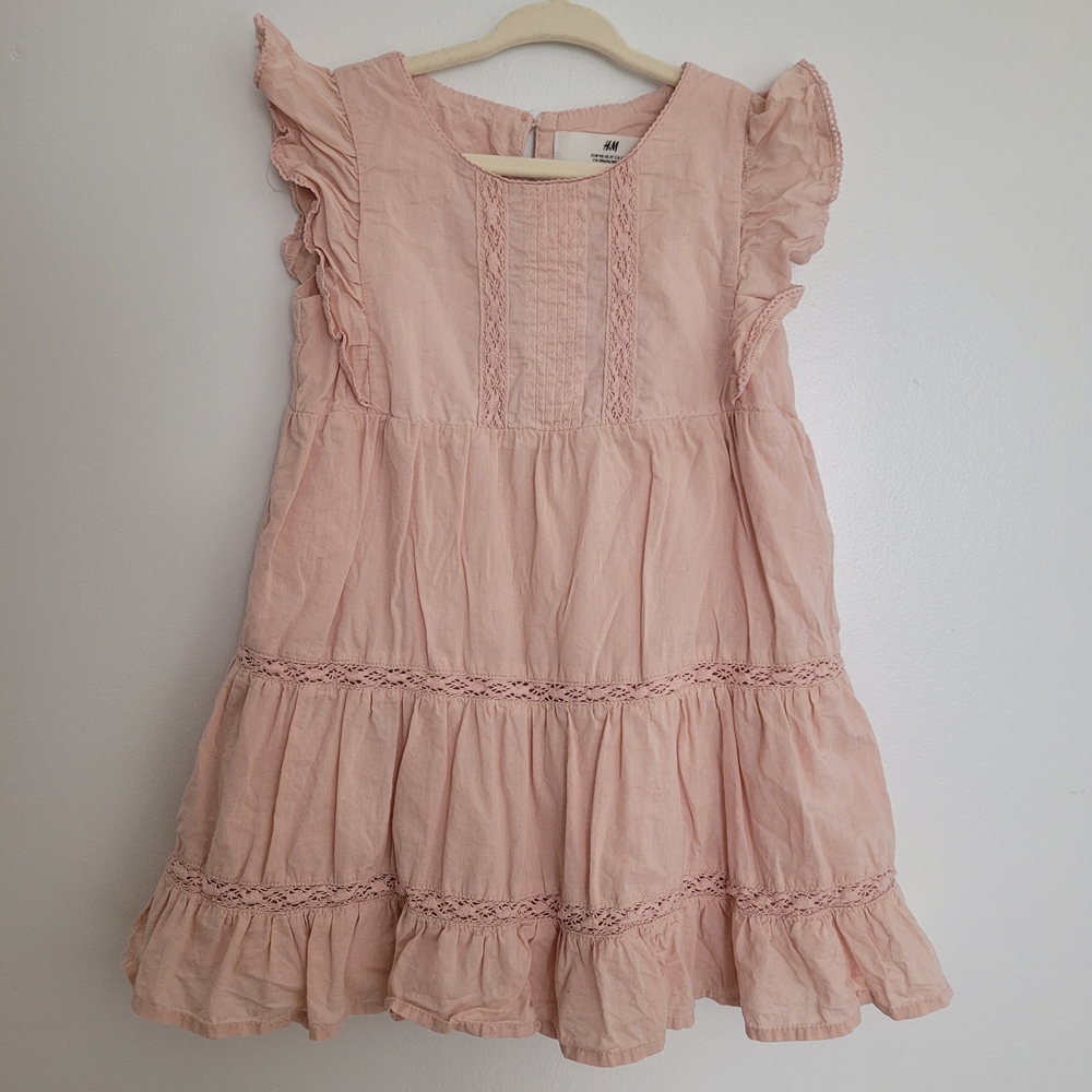 H&M Light Pink Tiered Cotton Dress with Lace Trim